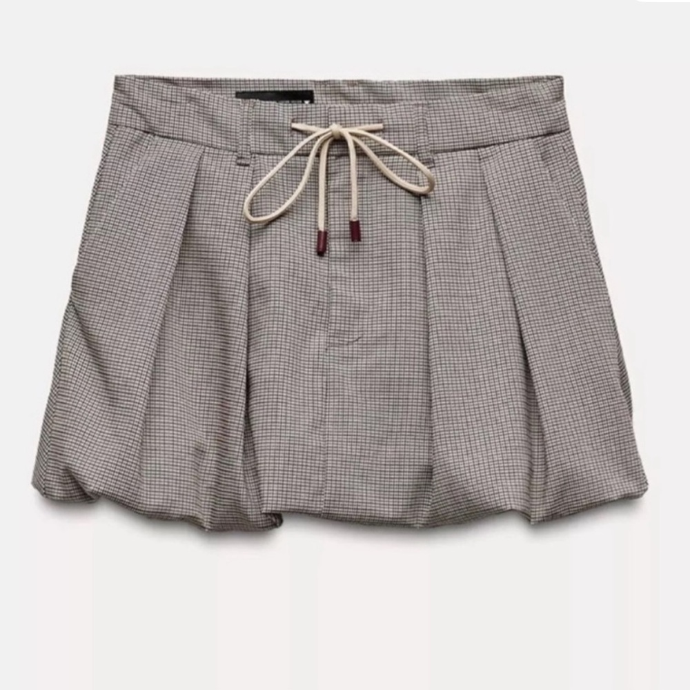 Zara Plaid Houndstooth Bubble Hem Mini Skirt Drawstring XS